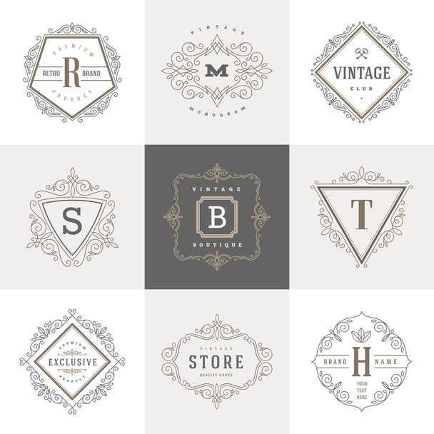 Monogram logo template with flourishes calligraphic elegant ornament elements. Identity design with letter for cafe, shop, store, restaurant, boutique, hotel, heraldic, fashion and etc. - Vector, imagen