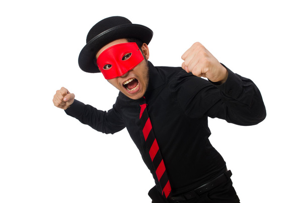 Young man with red mask isolated on white - Photo, Image