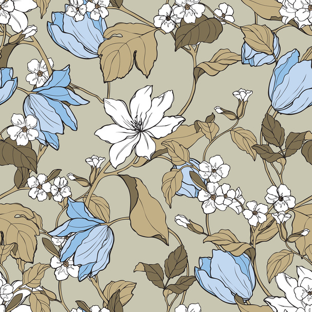 Seamless pattern with flowers magnolia and tulips - Vektör, Görsel