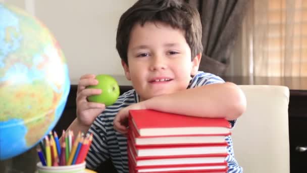 Elementary age boy posing on a stack of books. - Video, Çekim