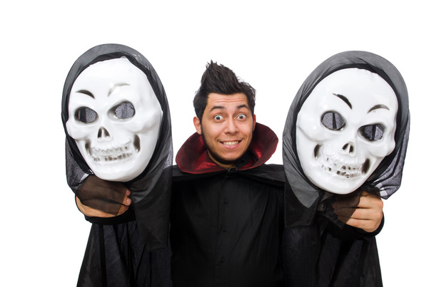 Mann im Horrorkostüm mit Maske auf weißem Hintergrund - Foto, Bild