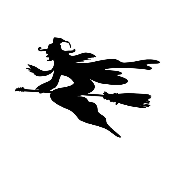 Silhouette of a witch on a white background. Vector illustration. Black silhouette of a witch flying on a broomstick.  - Vettoriali, immagini