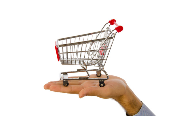 Hand holding shopping cart on white - Foto, Imagen