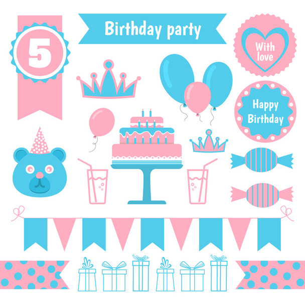 set of festive birthday party elements. Flat design. - Vector, Image