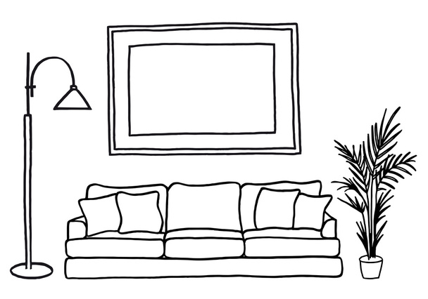 sofá y marco de imagen en blanco, maqueta vectorial
 - Vector, Imagen