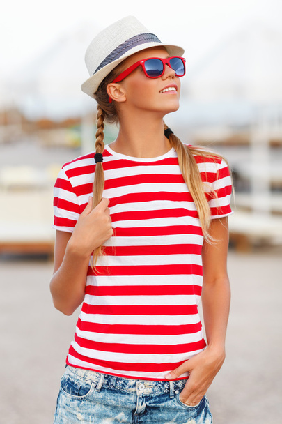 Beautiful sexy girl in striped t-shirt - Photo, Image