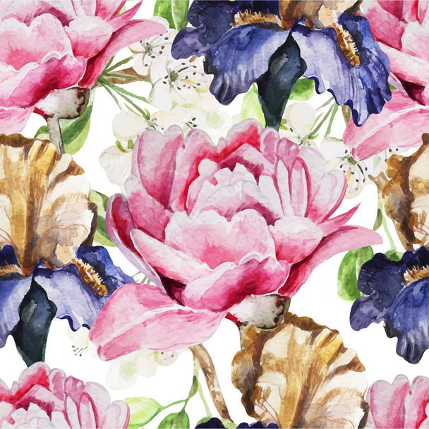 Seamless pattern with watercolor flowers. Iris. Peonies - Vector, Image