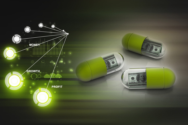 3d illustration of green pill filled with dollar - Photo, Image