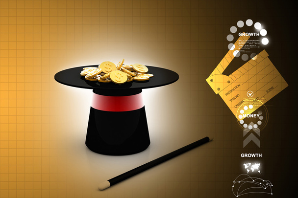 Ψηφιακή απεικόνιση της μαγικό καπέλο και το ραβδί με το δολάριο νομίσματα - Φωτογραφία, εικόνα
