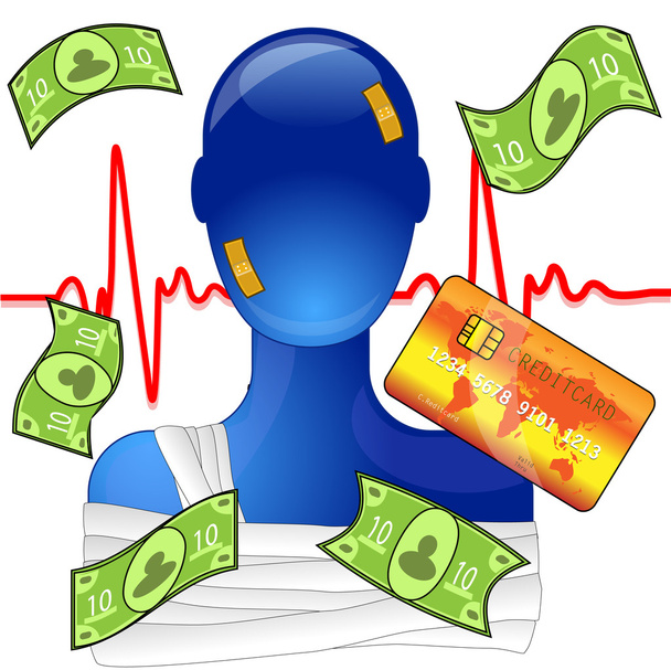 Injured person with money and creditcard, expensive medical help - Vector, Image