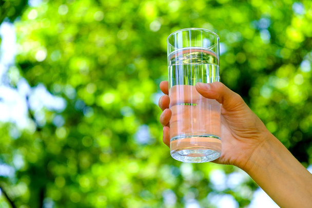 Здоровая женщина держит стакан воды на естественном зеленом фоне
 - Фото, изображение