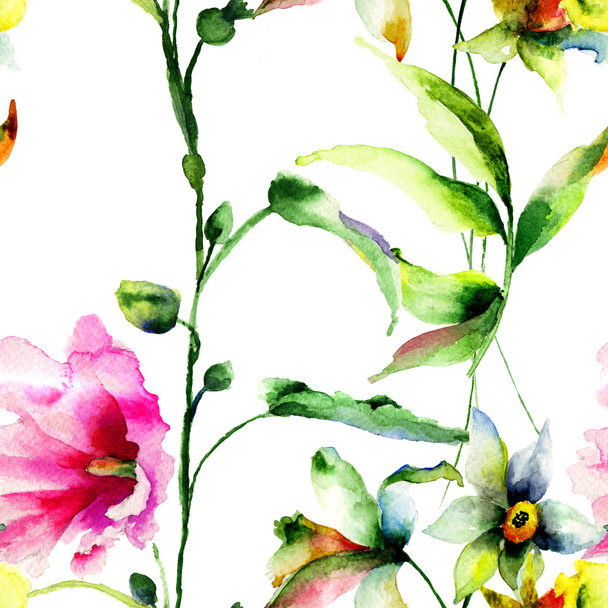 Seamless wallpaper with spring flowers - 写真・画像