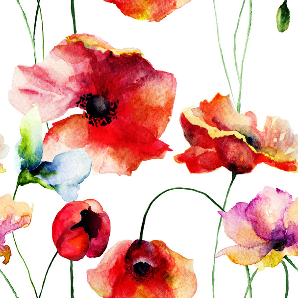 Seamless wallpaper with poppies flowers - Zdjęcie, obraz