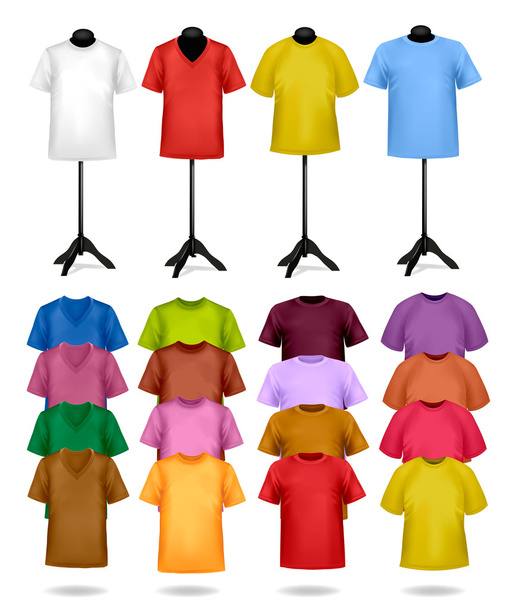 White and color t-shirts on mannequins. Vector illustration. - Vettoriali, immagini