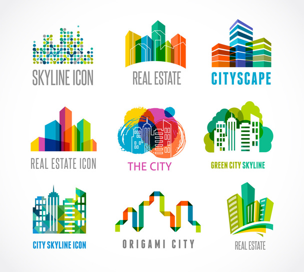 Immobilier coloré, icônes de ville et skyline
 - Vecteur, image