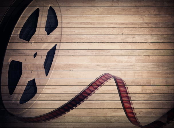 Grunge old movie reel with film strip on brown wooden planks. Винтажный фон
 - Вектор,изображение