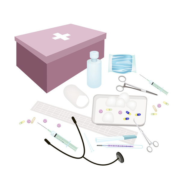 Коробка первой помощи с медицинскими принадлежностями на белом фоне
 - Вектор,изображение