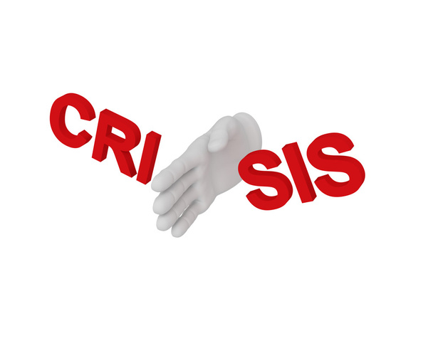 3d white human hand smashes the word crisis 3d. White background - Foto, immagini
