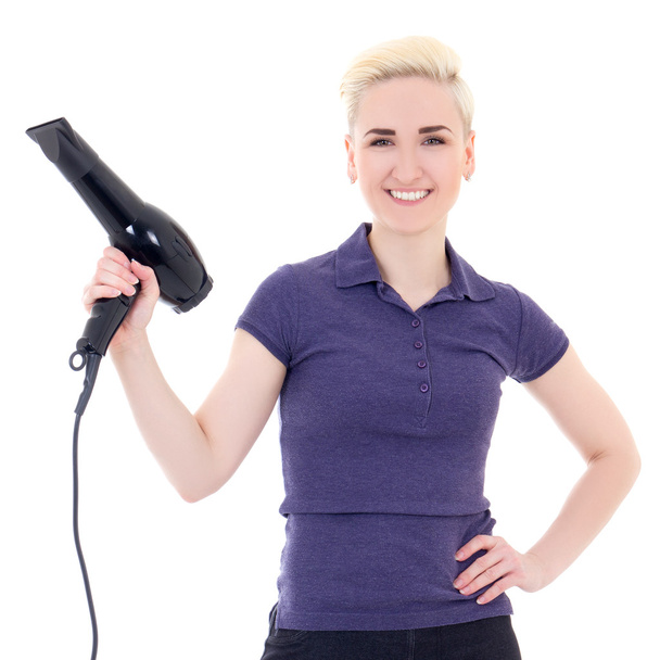 young beautiful woman hair stylist posing with hairdryer isolate - Foto, Imagen