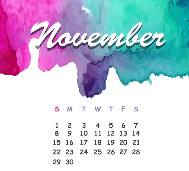 Beautiful watercolor calendar. November - Vector, Imagen