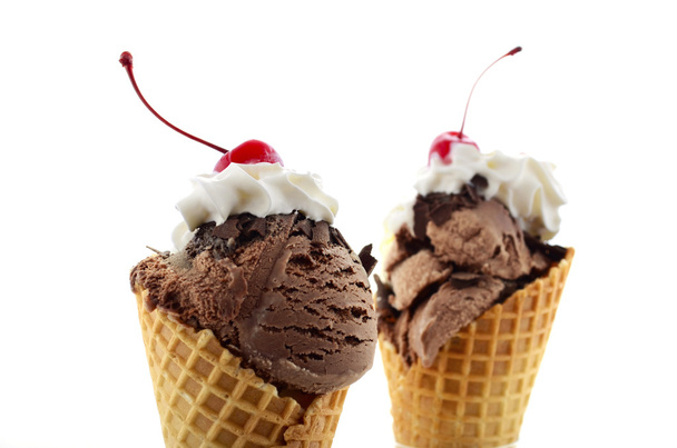 Summer concept chocolate and vanilla ice cream wafer cones.  - Photo, Image