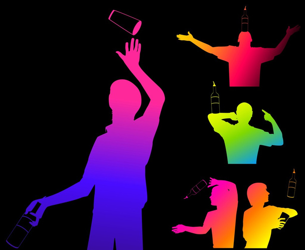 Vector silhouette of barmans showing tricks with a bottle - Vector, Image