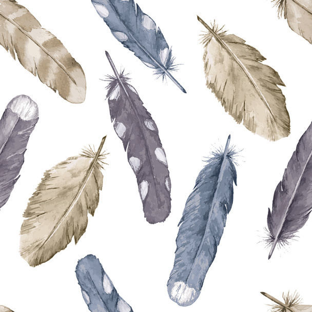 Watercolor feathers. Seamless pattern - Vektör, Görsel