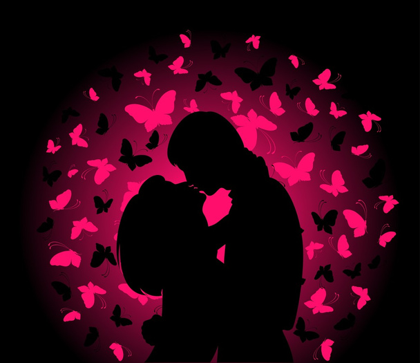 силует закоханих на фоні з метеликами
 - Вектор, зображення