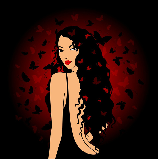 Beautiful pin-up girl with butterfly in hair - Διάνυσμα, εικόνα