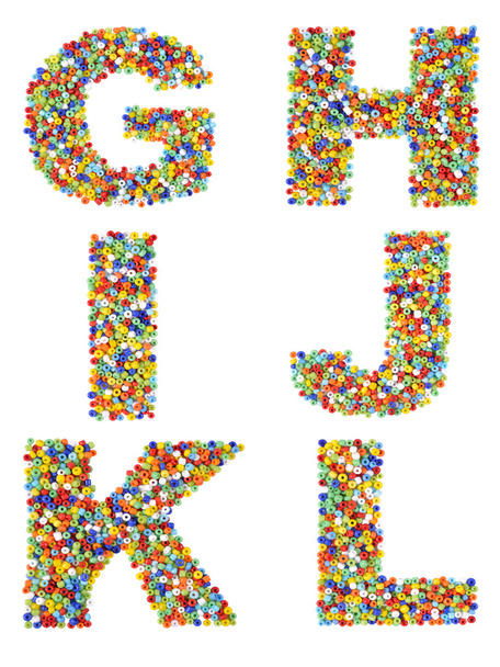 Літери алфавіту G через L, зроблені з барвистого скляного боа
 - Фото, зображення