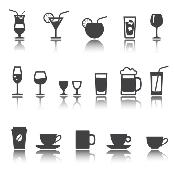 ikon készlet. Üvegáru, italok. Koktélok, pohár és csésze. árnyék tükrözi. e p s 1 0 - Vektor, kép
