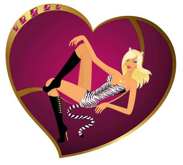 Beautiful girl in the suit of tigress sits on a heart for day of Valentine - Vector, Image
