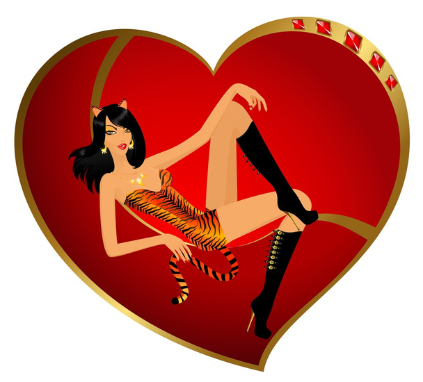 Beautiful girl in the suit of tigress sits on a heart for day of Valentine - Vektör, Görsel