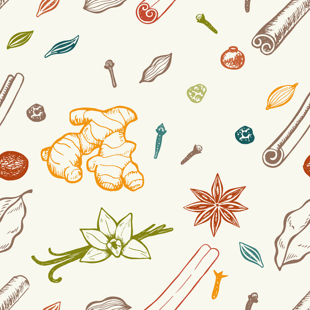 Seamless pattern of kitchen spices - Vector, Image