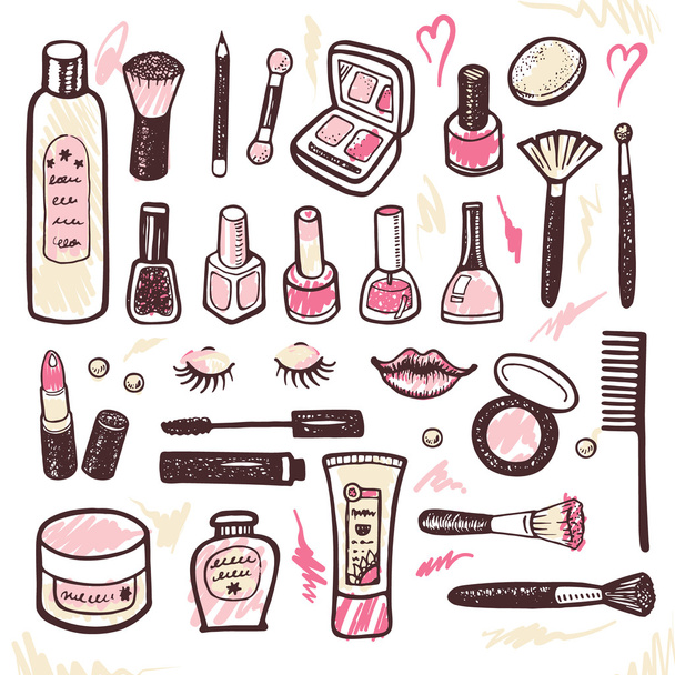 Hand drawn collection of cosmetics illustration - Vector, Image