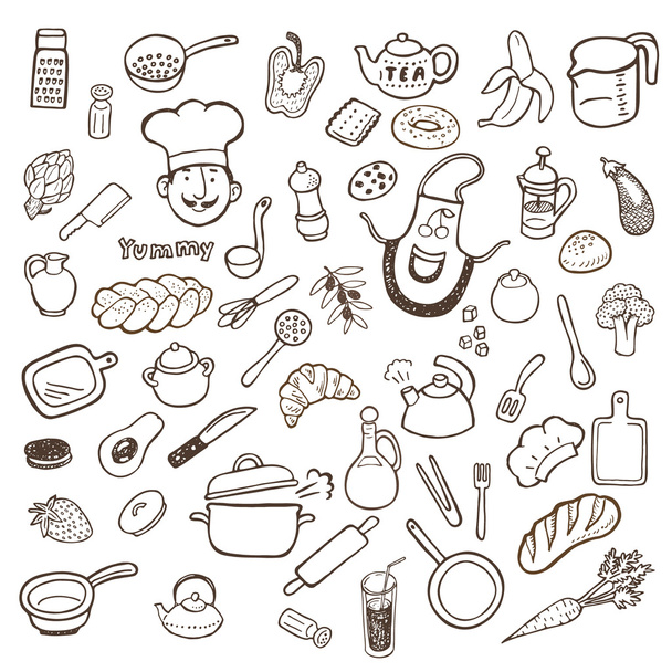 Kitchen utensils and food hand drawn set - Vector, Image
