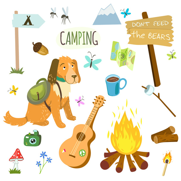 キャンプ用品とオブジェクトのセット - ベクター画像