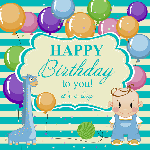 Birthday card for boy happy birthday. Little funny boy with toys - Διάνυσμα, εικόνα