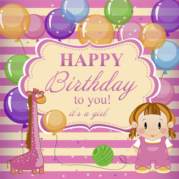 Little funny girl with toys and balloons. Greeting card for baby - Διάνυσμα, εικόνα