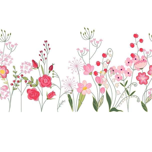 Seamless pattern brush with herbs, roses and wild flowers. Endless horizontal texture. - Vektor, Bild