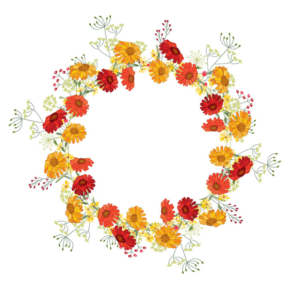 Detailed contour wreath  with gerbera and berries isolated on white. Round frame  for your design. - ベクター画像