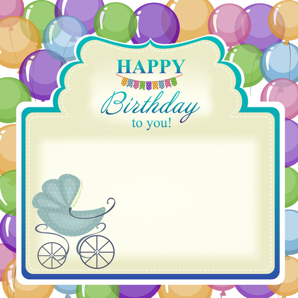 Childrens greeting background with blue stroller.  - Vector, Image