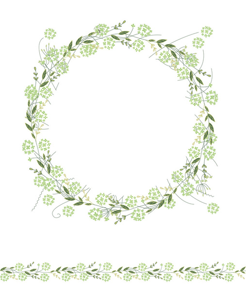 Detailed contour wreath and seamless pattern brush with herbs and wild flowers isolated on white. Endless horizontal texture for your design - Wektor, obraz