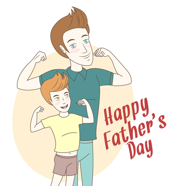 Father and son showing biceps. Hand drawn style. Hand drawn styl - Vector, Image
