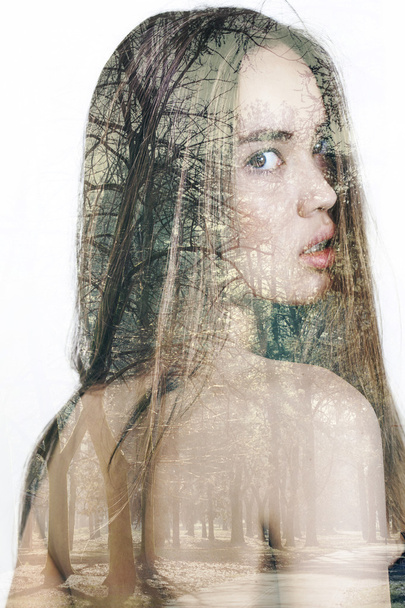 Double exposure of beautiful girl and winter trees - Fotoğraf, Görsel