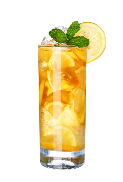 Glass Of Cold ice lemon tea Drink with mint isolated on white ba - Foto, imagen
