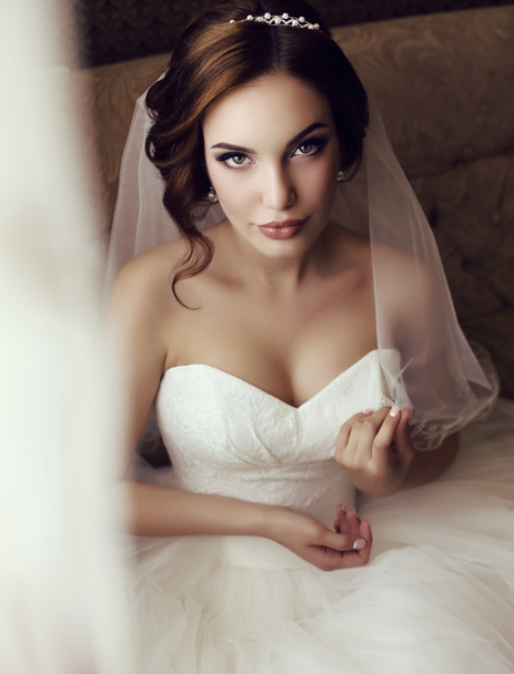 beautiful sensual bride with dark hair in luxurious lace wedding dress   - Photo, Image