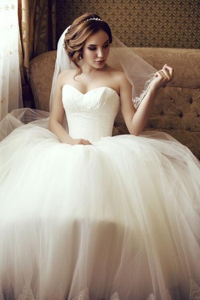beautiful sensual bride with dark hair in luxurious lace wedding dress   - Zdjęcie, obraz