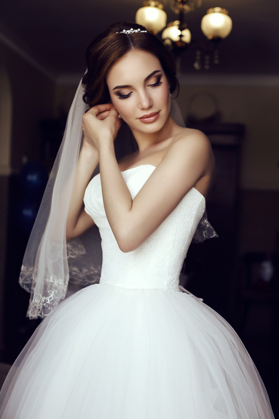 beautiful sensual bride with dark hair in luxurious lace wedding dress   - Fotografie, Obrázek