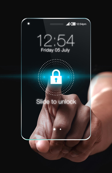 Smartphone transparente con icono de bloqueo sobre fondo azul
 - Foto, imagen